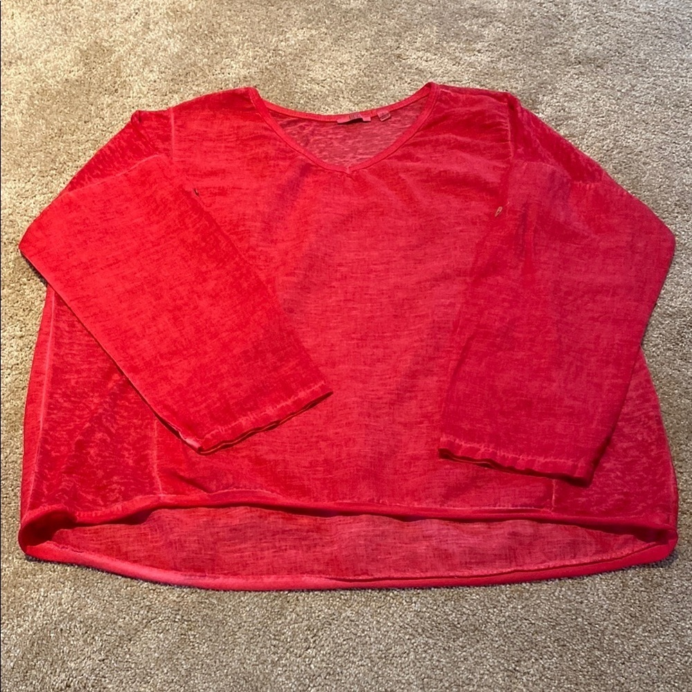 KATKUS Italian Linen Oversized Long Mixed Media V Neck Lagenlook Top Red LARGE